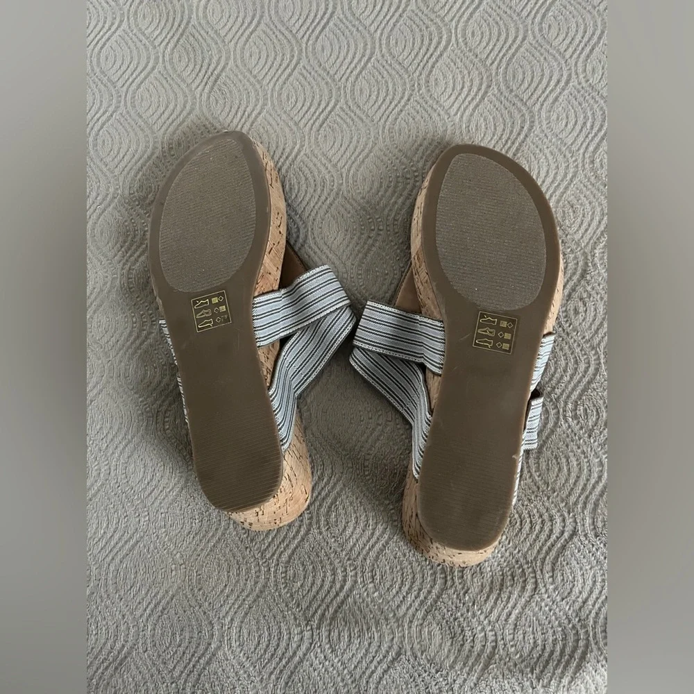 Market & Spruce Stella T-Strap Wedge Sandals 2 inch heel Tan and blue size 8🆕